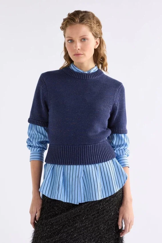 Luft Lurex-stickad topp, marinblå och koppar Luft Lurex-stickad topp, marinblå och koppar