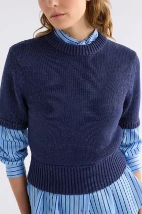 Luft Lurex-stickad topp, marinblå och koppar